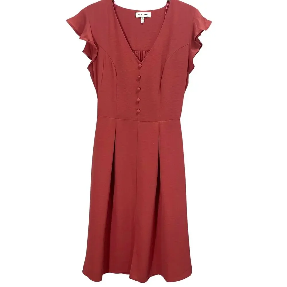 Monteau Salmon Pink Casual Midi Slip Dress Flutter Sleeves Button Front Size XS - Picture 1 of 9